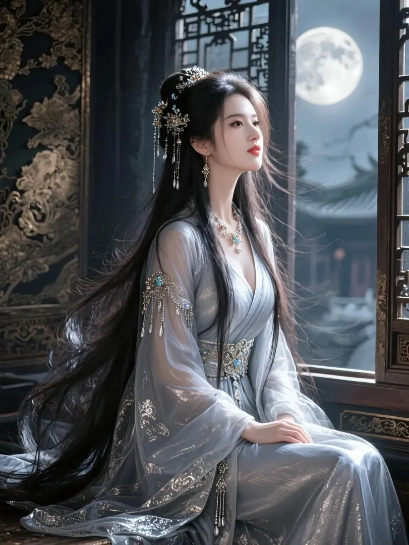 月夜窗边，银灰纱质古装女子端坐，长发垂落，窗外满月与古建相映。
