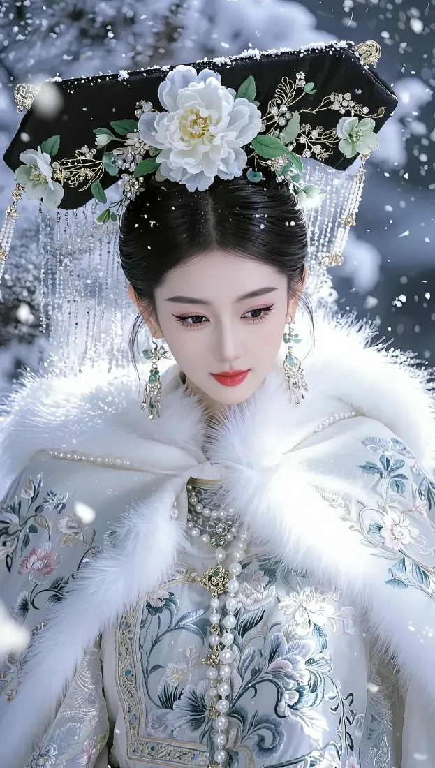 飘雪冬日，身着带毛领清宫古装、头戴白花流苏旗头的古典美人垂眸而立。