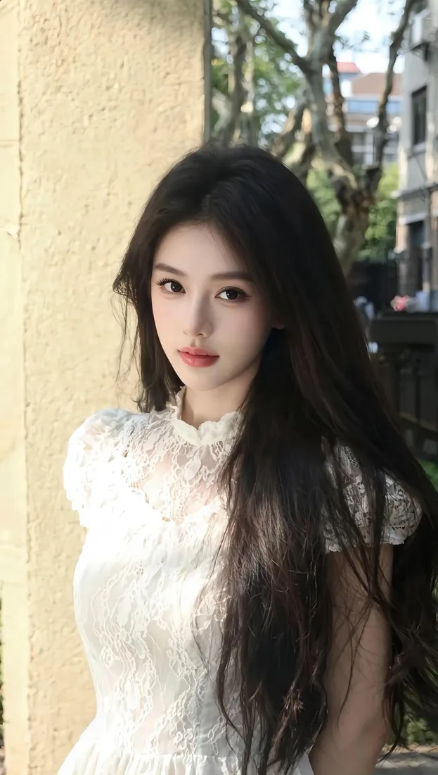 长发白衣女子站在户外黄墙旁，背景有树木与建筑