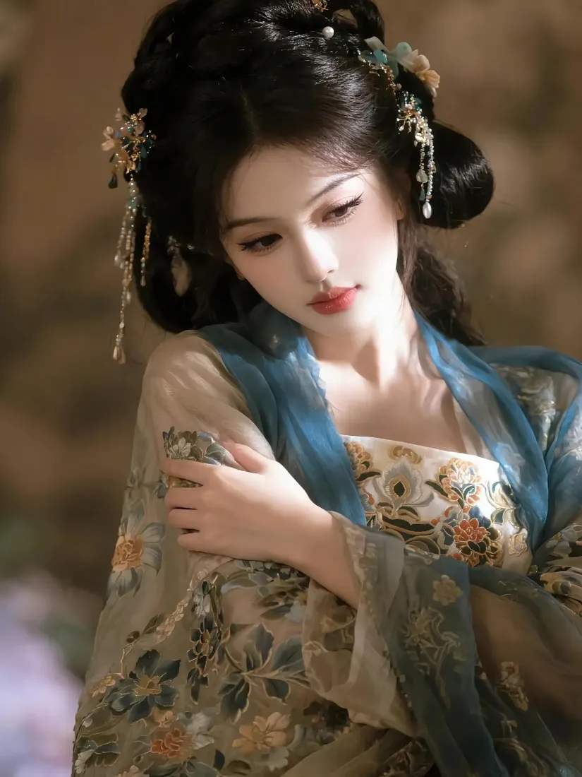 身着刺绣汉服的古风女子，发髻配流苏发饰，垂眸抱臂，背景虚化朦胧。