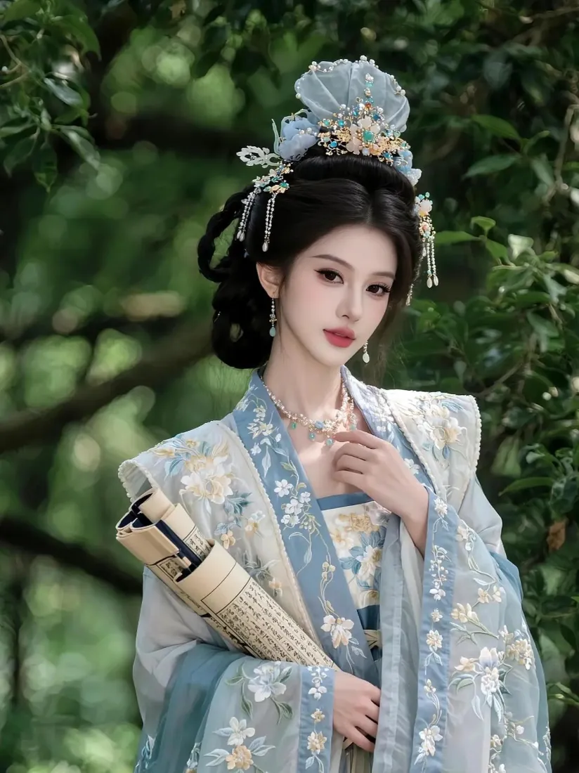 身着浅蓝刺绣汉服的女子手持卷轴，立于虚化的翠绿林间。