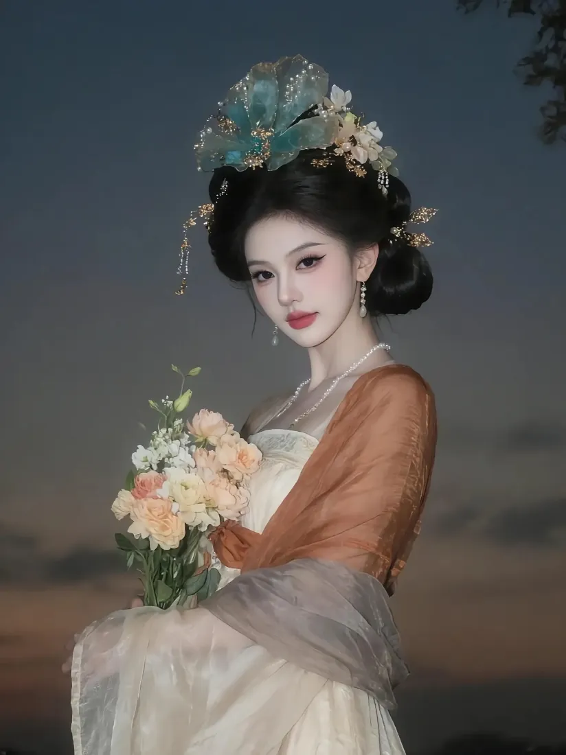 黄昏暮色下，身着古风纱裙的女子怀抱花束，头戴精致花饰。