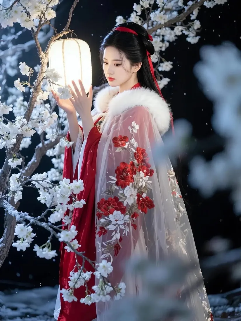 冬夜落雪，红衣汉服女子立于覆雪梅枝旁，双手捧持发光白灯笼。