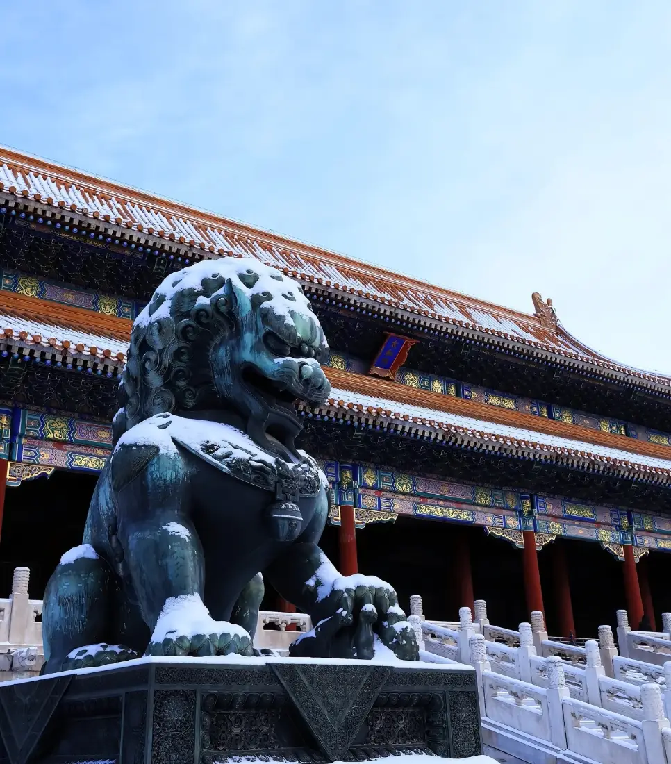 雪后故宫，覆雪铜狮立于汉白玉台基前，背景是红柱琉璃瓦宫殿与澄澈蓝天。