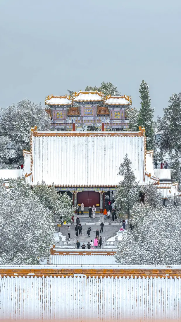 雪后颐和园中式古建筑，屋顶树木覆雪，游客在殿前游览。