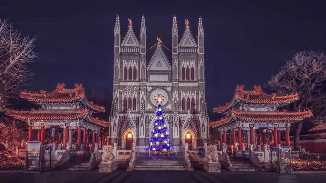 北京夜景壁纸｜中西建筑背景图片 - 圣诞树「哲风壁纸」