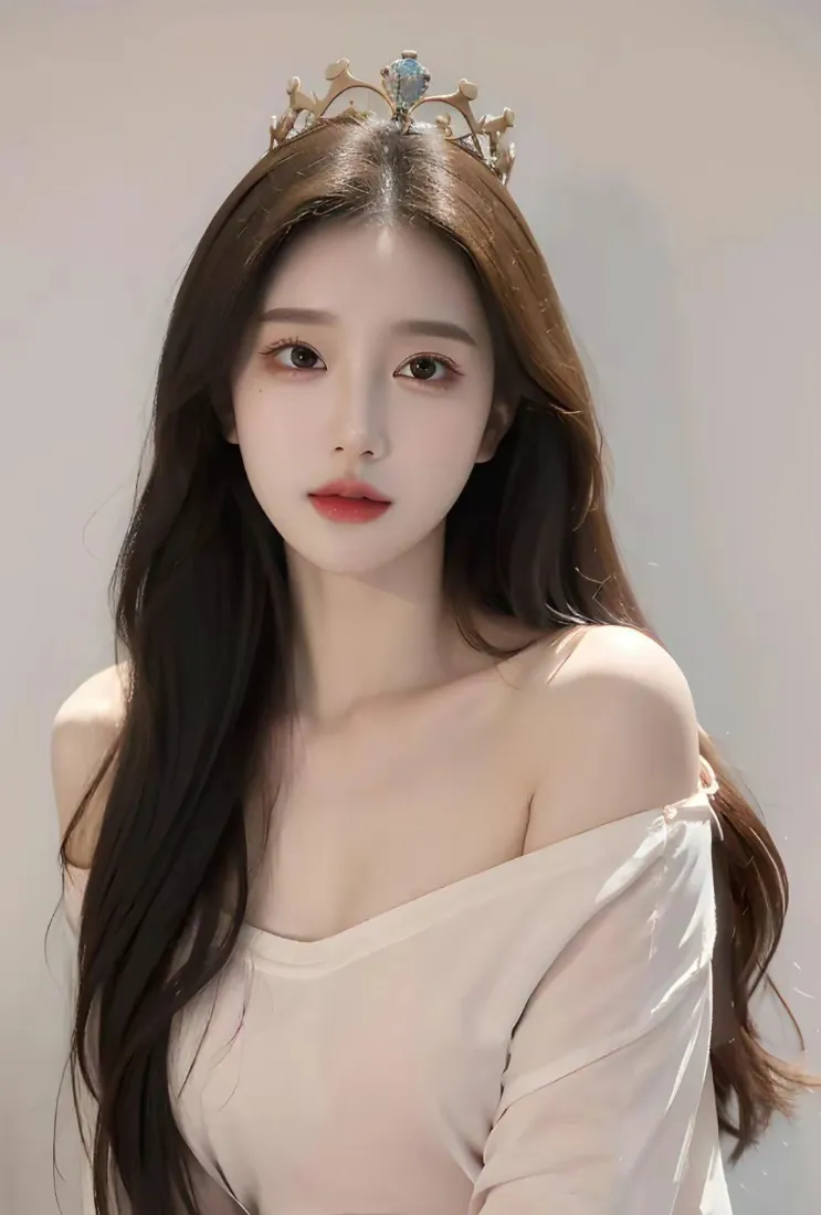 浅灰背景前，戴小皇冠的长发露肩白衣红唇美女半身肖像