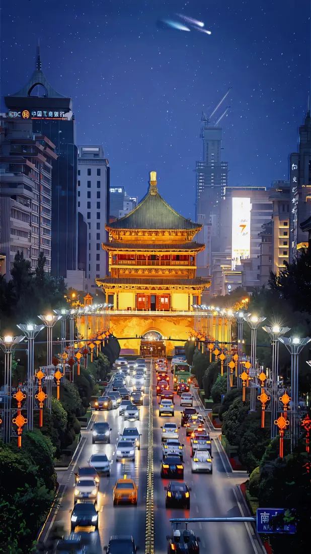 西安钟楼夜景，车流穿行街道，两侧灯笼点缀，夜空流星划过。