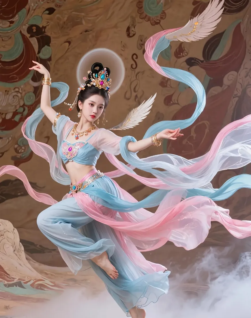 敦煌飞天造型女子身着粉蓝飘带古装，于壁画背景前起舞