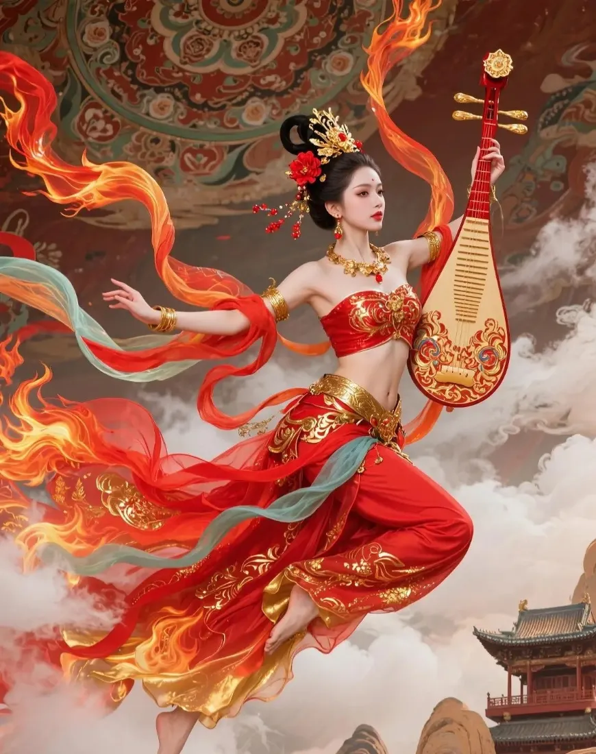 敦煌飞天造型女子身着红金传统服饰，怀抱琵琶，身侧环绕火焰飘带，立于祥云古建筑间