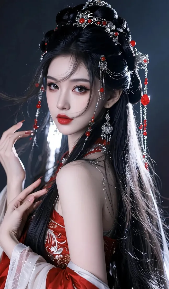 红衣古装女子佩戴红珠流苏发饰，暗调背景下回眸，妆容精致。