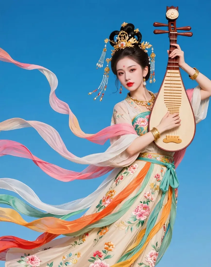 敦煌风汉服女子怀抱琵琶，彩绸飘带飞扬，背景为纯净蓝天。