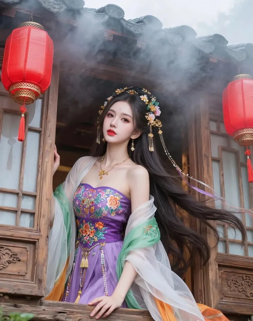 身着紫绿刺绣汉服的女子立于古建木窗旁，两侧悬挂红灯笼，烟雾缭绕。