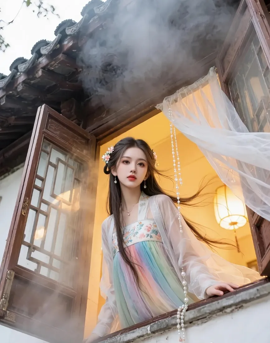 身着汉服的女子立于中式木窗内，暖黄灯光与烟雾萦绕，纱帘轻扬。