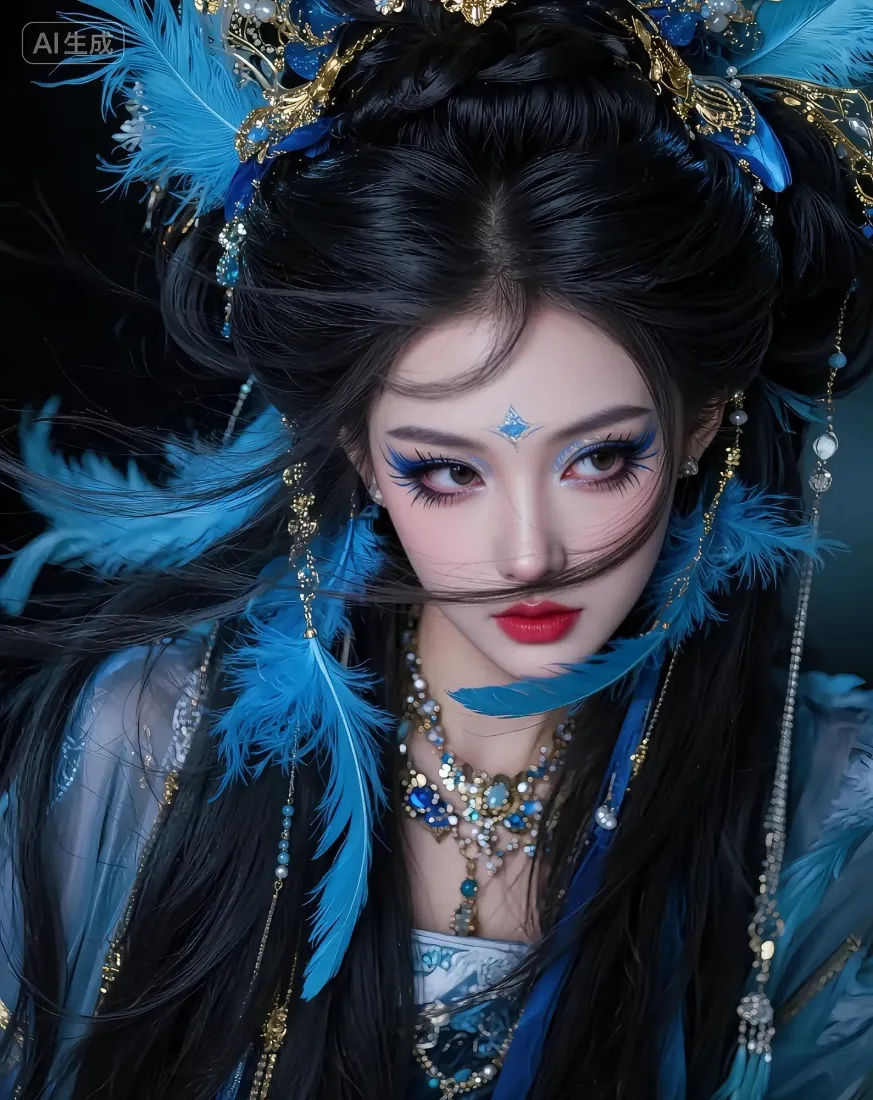 蓝羽金饰古装女子特写，蓝调眼妆额饰，黑发华丽，背景暗调虚化。