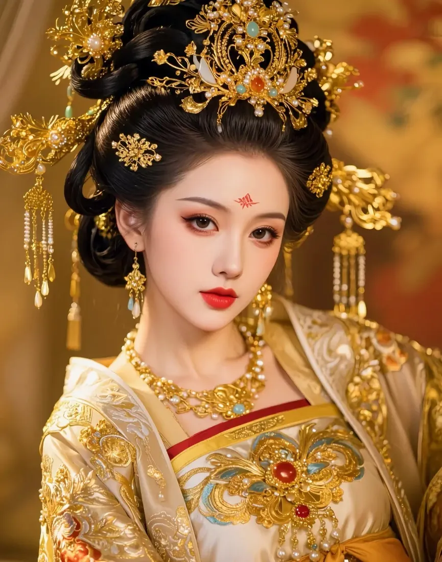 身着华丽金色唐装、头戴繁复金饰的古风宫廷女子半身像