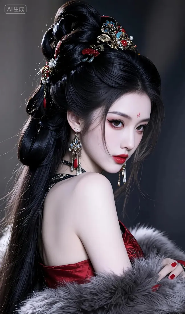 暗黑背景下，身着红衣配灰毛绒的古风露背女子回眸，妆容精致，佩戴华丽中式发饰。