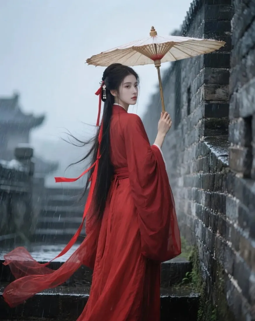 烟雨古建石阶旁，红衣汉服女子撑油纸伞回眸，衣袂随风飘动。