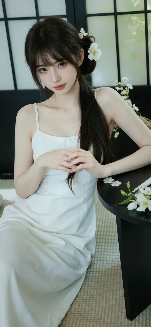 身着白色吊带长裙的长发女子，发间点缀白花，在日式格窗室内倚桌而坐。