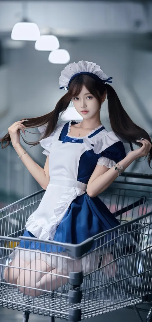 双马尾蓝白女仆装少女坐在金属购物车内，双手轻握发梢，背景虚化。