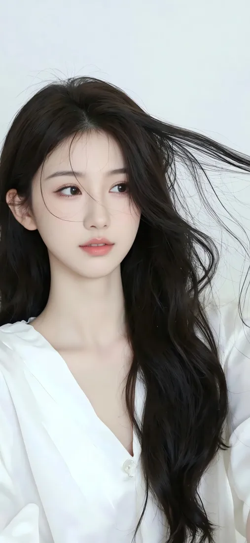 白衣长发年轻女性，浅白纯净背景，发丝轻扬，气质清新优雅