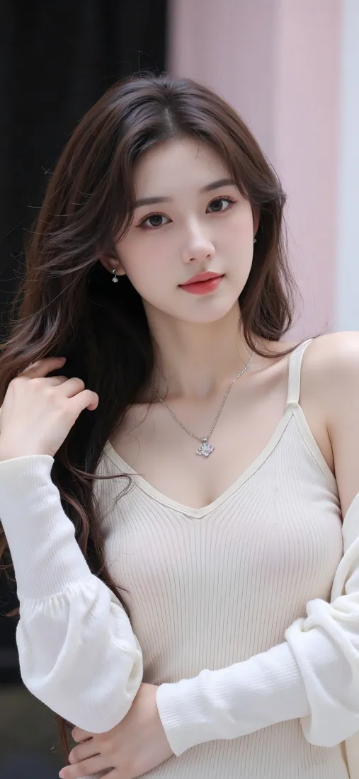 长发白衣年轻女性佩戴项链耳环，手撩长发，背景为粉黑拼接墙面