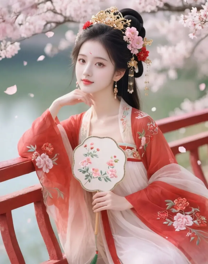 红衣汉服女子持团扇倚红栏，背景樱花飘落湖水朦胧。