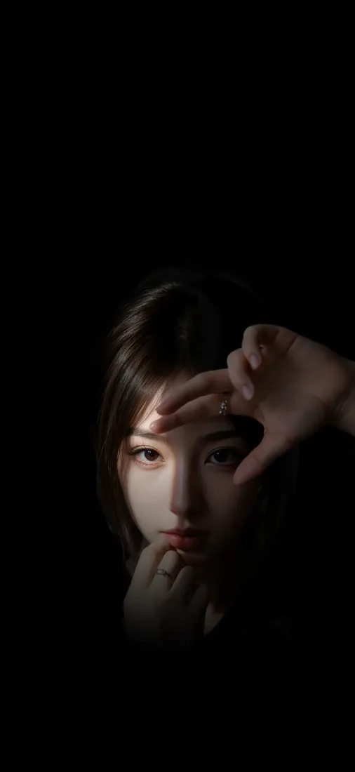 纯黑背景下，年轻女性抬手遮在额前，面部被局部光线照亮，氛围忧郁。
