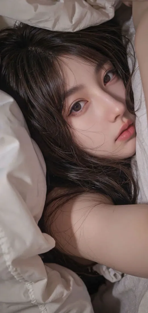 长发年轻女性躺卧在白色床品上，神态慵懒温柔，氛围柔和。