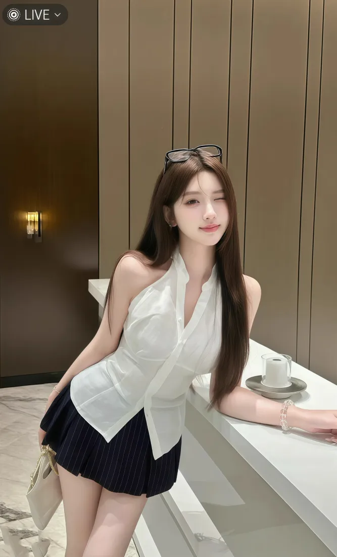 长发白衣黑裙女子倚靠白色吧台，手持浅色手提包，室内暖调环境。