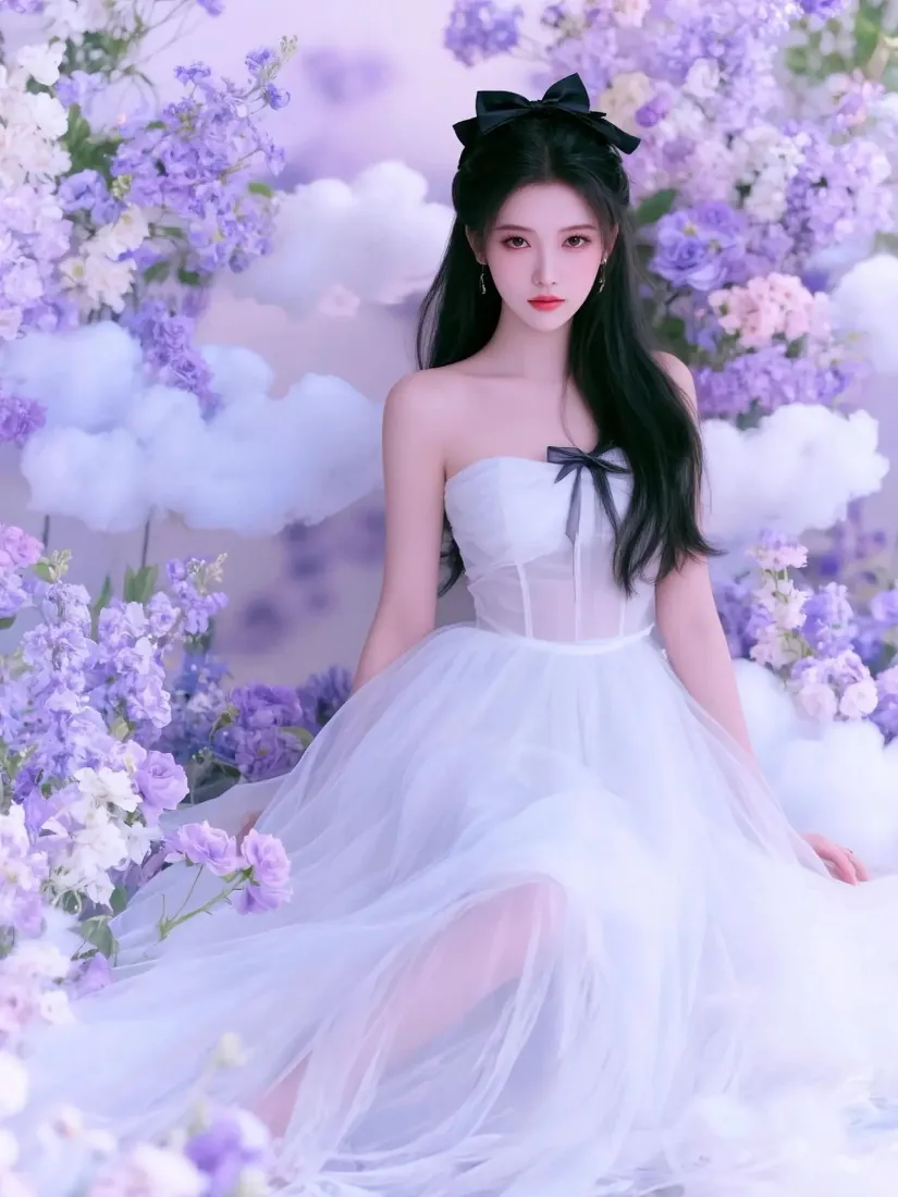 白衣美女手机壁纸｜紫色花背景 - 梦幻白纱裙「哲风壁纸」