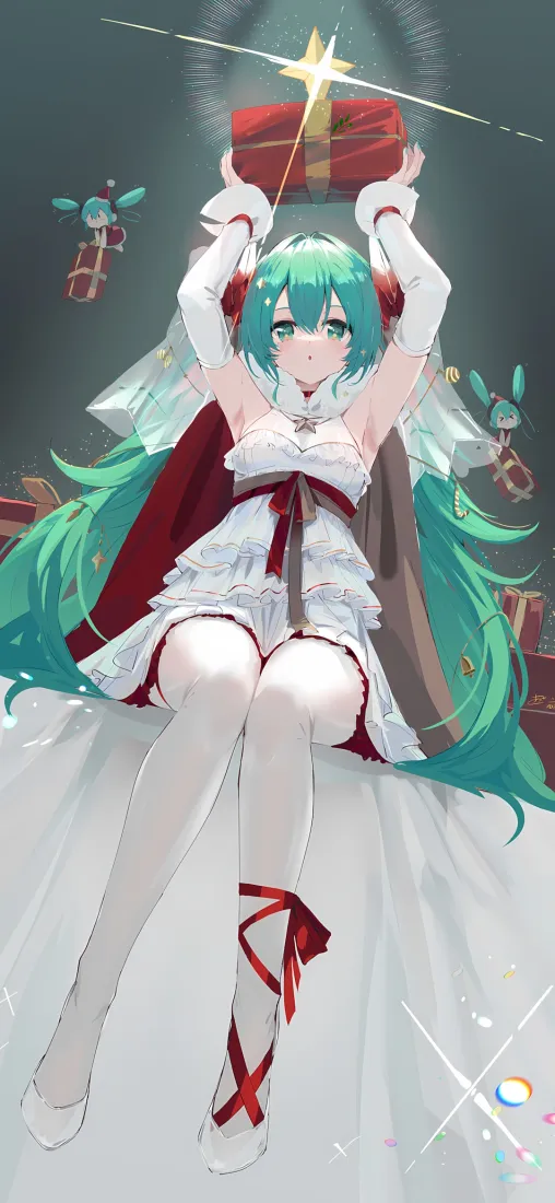 初音未来圣诞节手机壁纸|飘带背景 - 白裙绿发「哲风壁纸」 初音未来圣诞节手机壁纸|飘带背景 - 白裙绿发「哲风壁纸」