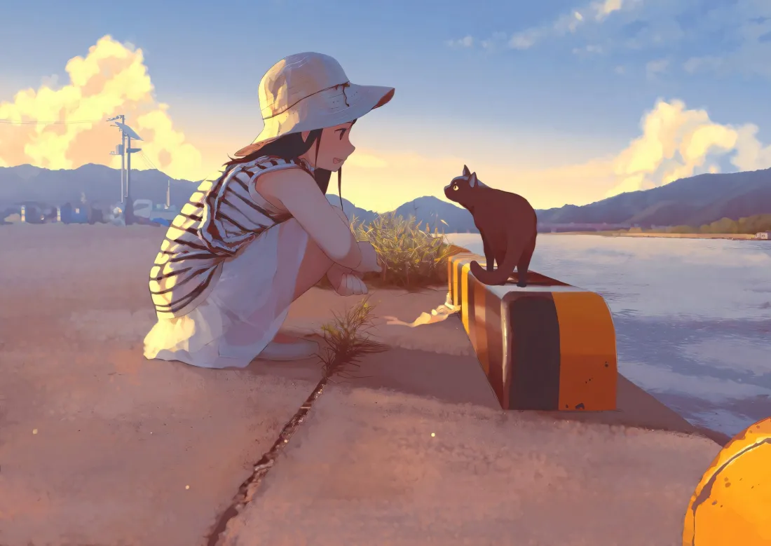 2k黑猫壁纸｜海边背景图 - 女孩行李箱晚霞「哲风壁纸」