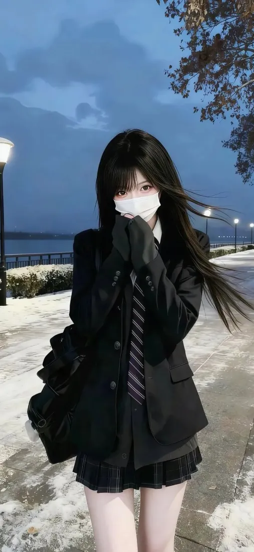 雪后黄昏的滨水步道上，黑衣校服长发戴口罩少女抬手掩住口鼻。