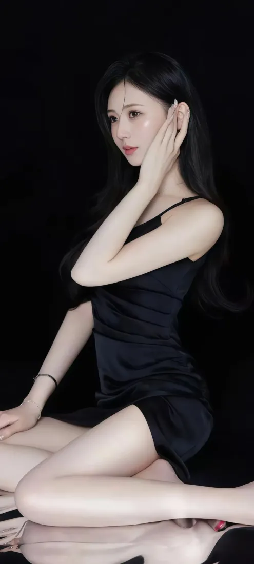 黑衣美女手机壁纸｜黑色背景图片 - 性感坐姿「哲风壁纸」