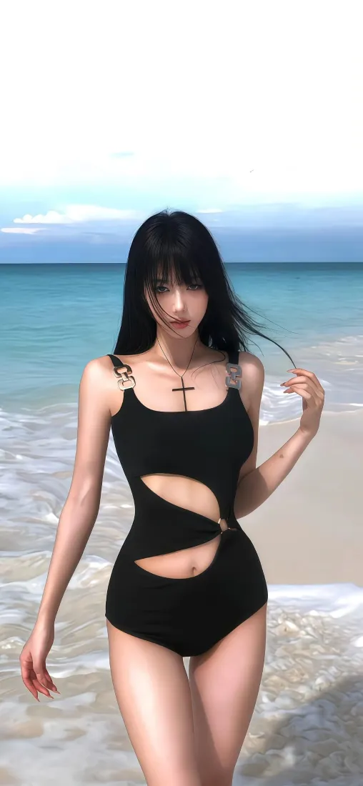 身着黑色镂空泳衣的长发女子站在海边浅滩，背景是碧海蓝天。