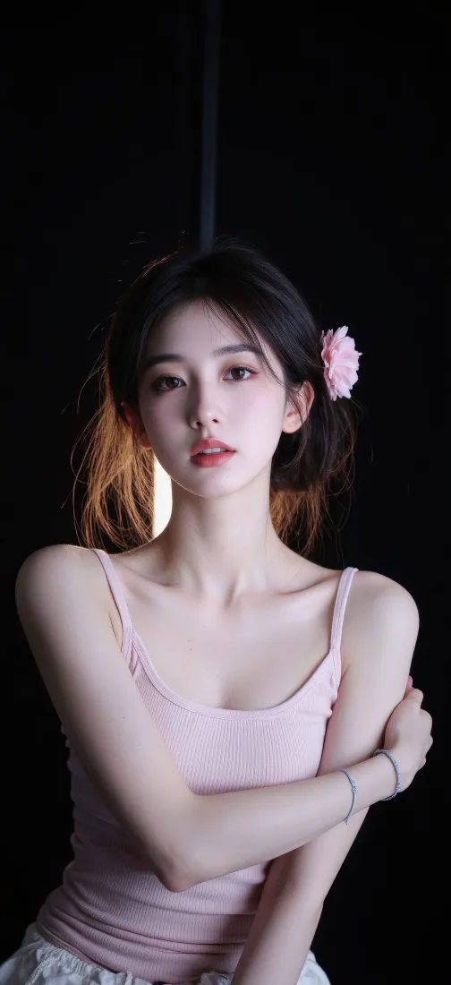 黑底前戴粉色花朵发饰、穿粉色吊带的年轻女性半身写真