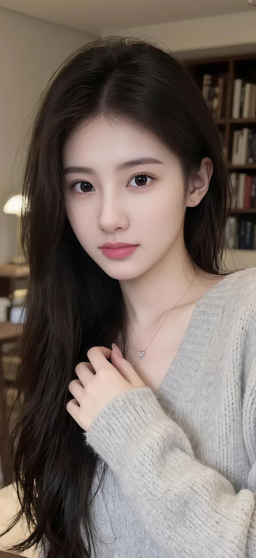 长发美女手机壁纸｜室内背景图片 - 灰色毛衣「哲风壁纸」