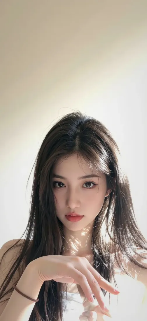 室内暖光下，长发白衣年轻女性半身近景，背景为柔和浅色墙面。