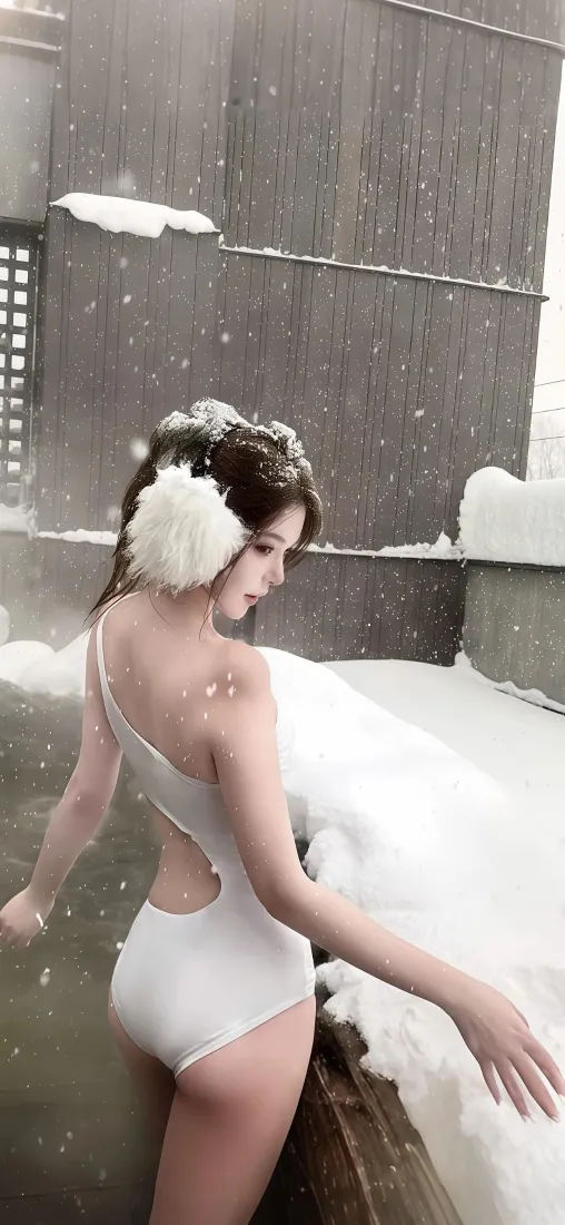 白衣美女手机壁纸｜雪景温泉背景图 - Ios「哲风壁纸」