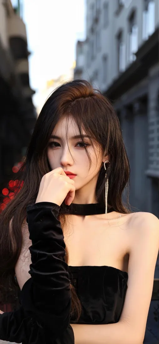 都市街景中黑衣红唇长发美女，着黑色抹胸与长手套，手抵唇边。
