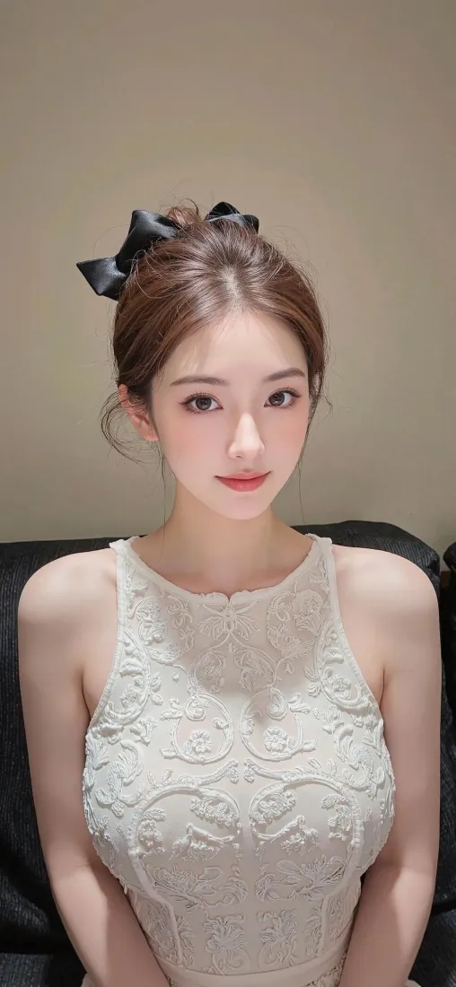 盘发戴黑色蝴蝶结的年轻女子，身着白色蕾丝无袖连衣裙，坐于黑色沙发上。