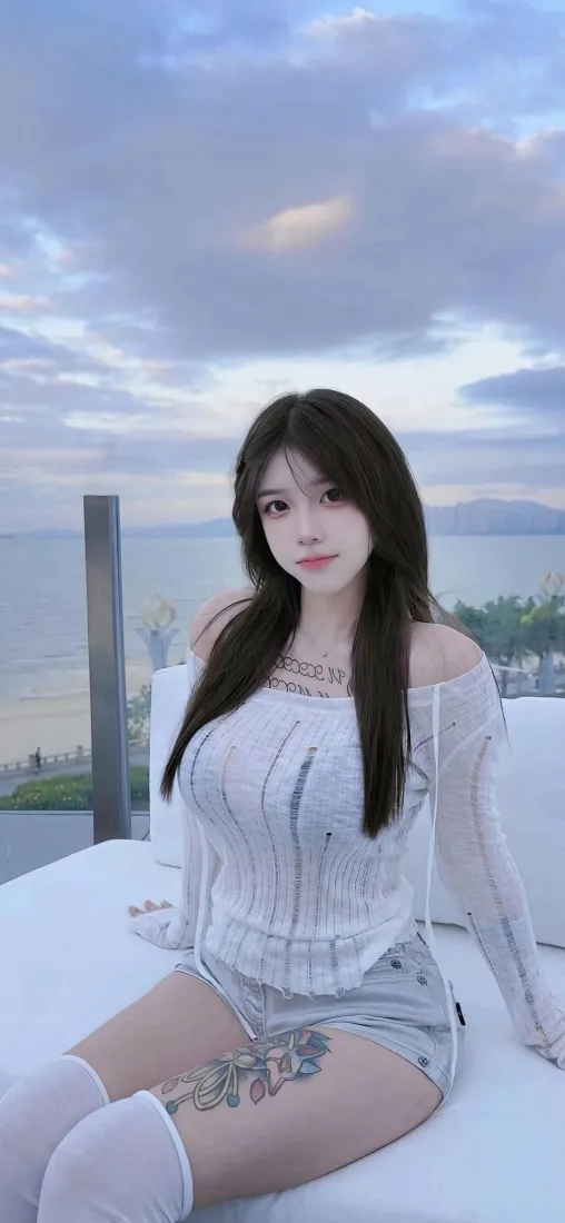 白衣白袜纹身长发美女坐于海景阳台白色沙发上，背景是淡蓝天空与海面。