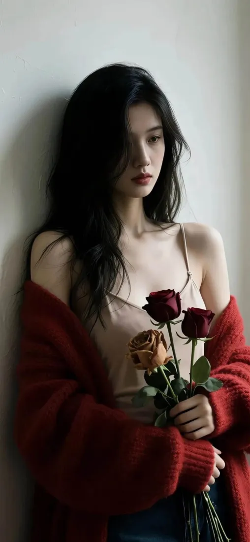 红衣美女手机壁纸｜室内背景图片 - 玫瑰花「哲风壁纸」