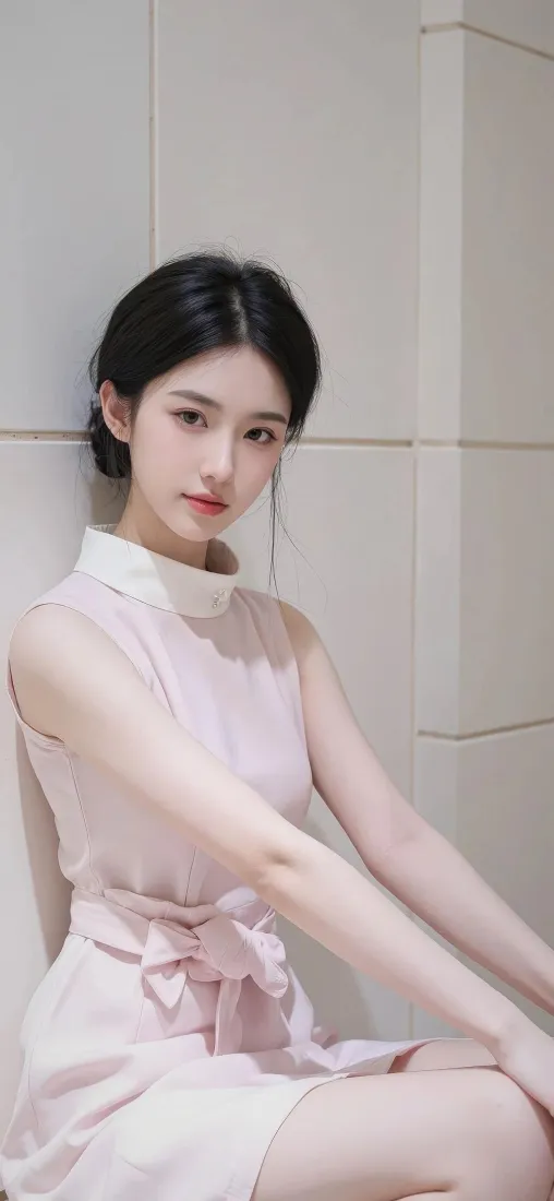 浅粉裙美女手机壁纸｜浅色墙面背景图片 - 清新时尚「哲风壁纸」