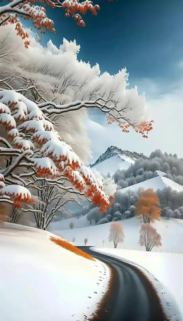 (冬日雪景手机壁纸|雪地道路背景图片 - 红叶树山脉)「哲风壁纸」 (冬日雪景手机壁纸|雪地道路背景图片 - 红叶树山脉)「哲风壁纸」