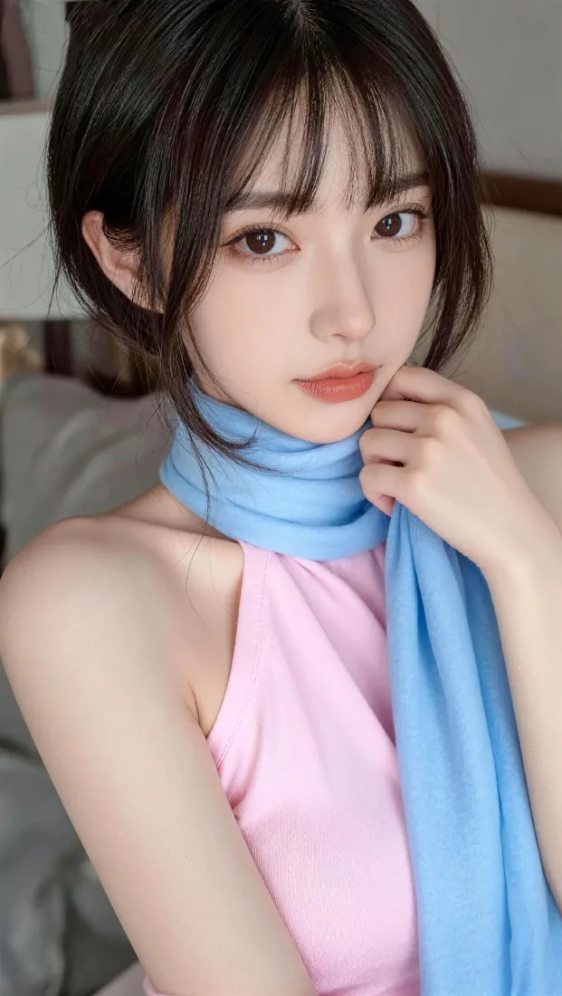 粉色吊带美女手机壁纸｜居家背景图片 - 蓝色围巾「哲风壁纸」
