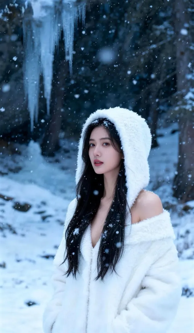 美女雪景手机壁纸|雪地森林冰柱背景 - 白色毛绒外套「哲风壁纸」 美女雪景手机壁纸|雪地森林冰柱背景 - 白色毛绒外套「哲风壁纸」
