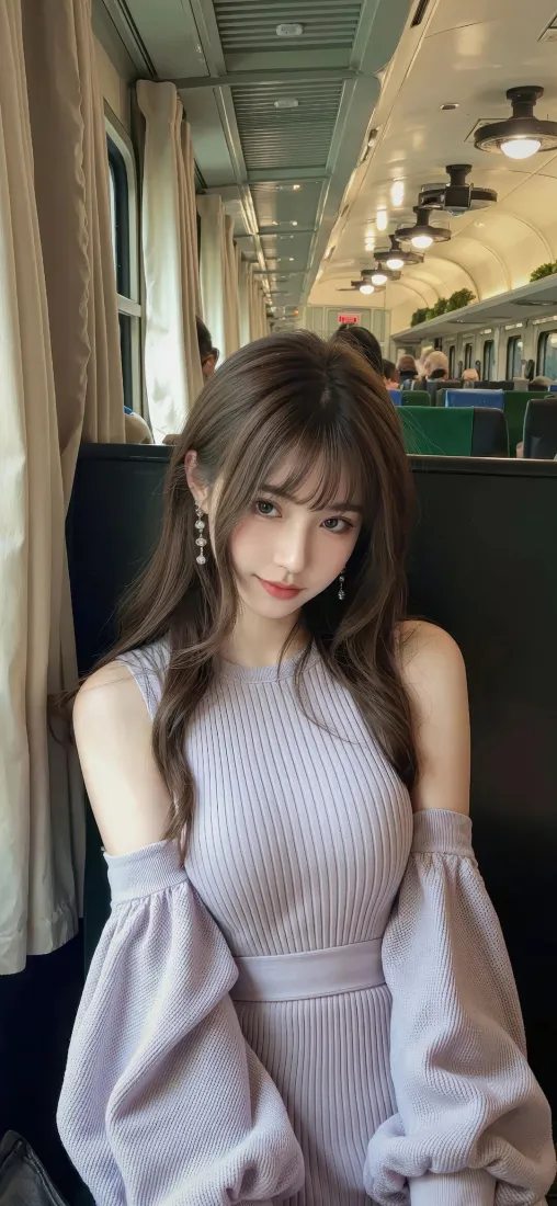 浅紫露肩美女手机壁纸｜火车车厢背景 - 时尚穿搭「哲风壁纸」