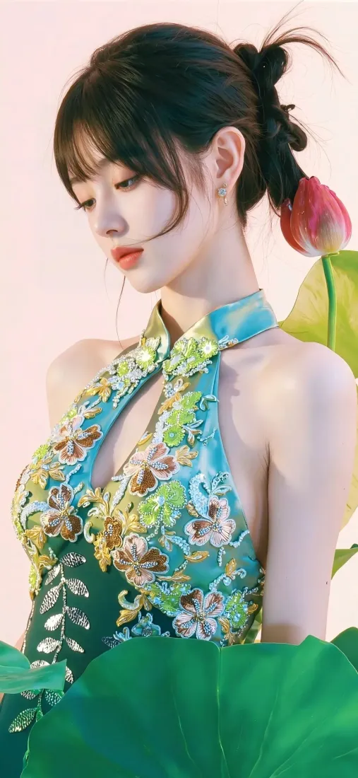 旗袍美女手机壁纸｜荷花背景图 - 花旗袍红唇「哲风壁纸」